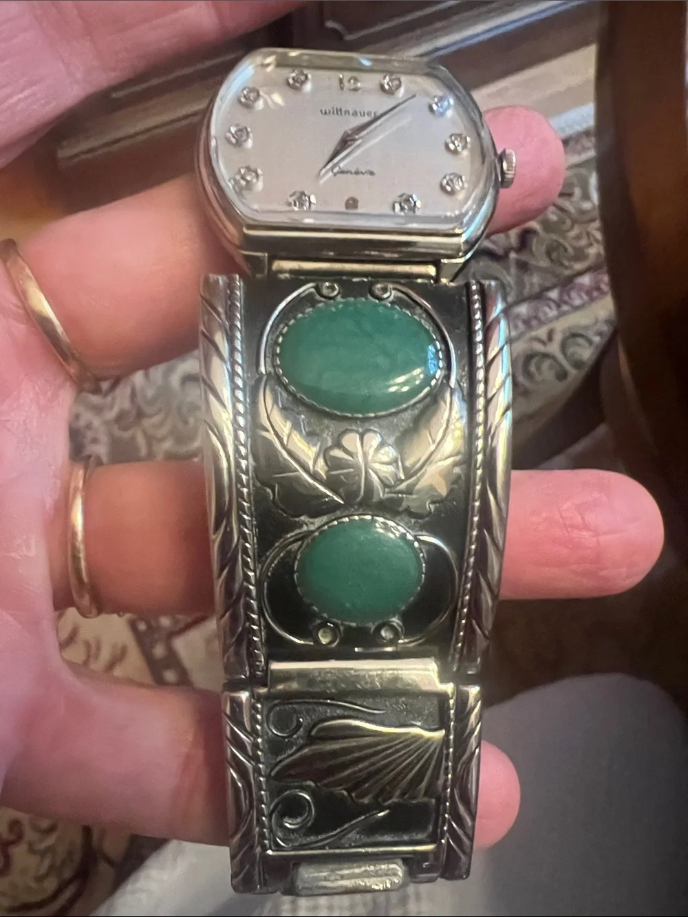 Wittnauer Silver Watch with Green Stone Inlays